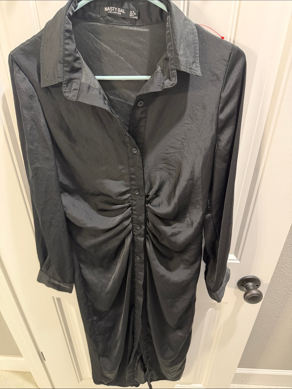 Nasty Gal Black Ruched Button-Front Long Sleeve Dress